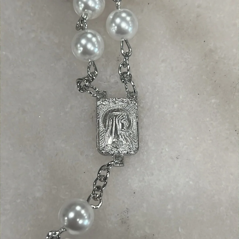 5 Decade Rosary Prayer Faux Pearl Bead Bracelet